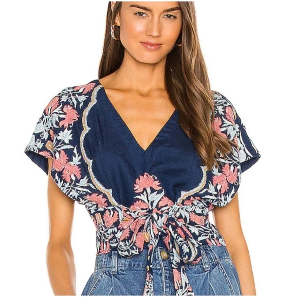 Like New Free People Arielle Boho Plunge Neck Linen Blend Flutter Sleeve Top
